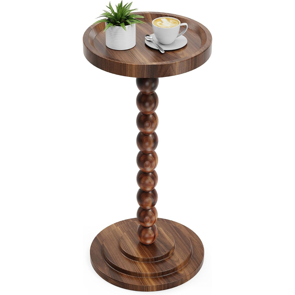 Round Wooden Side Table & Drink Table | Sturdy & Functional Mid-Century Modern Design With Solid Wood Columns For Living Room, Bedroom, Office & More
