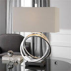 Bowery Hill Steel And Linen Rings Table Lamp, 27.5 In Height, Silver And Light Beige Finish, Rectangle Hardback Shade, 3-Way Socket, 1 Light, 150W, Modern Accent Lighting For Living Room Or Bedroom