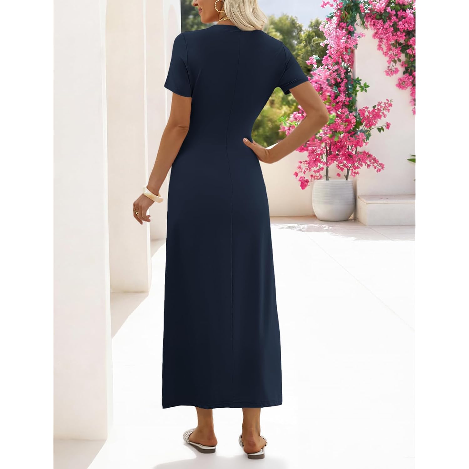 Merokeety Women'S Summer Maxi Dresses 2026 Casual Spring Short Sleeve Tie Waist Work Beach Vacation T Shirt Long Dress