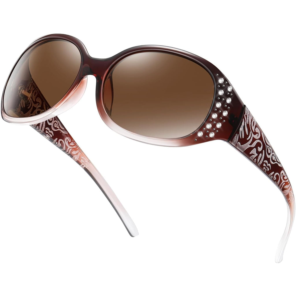 Polarized Sunglasses for Women, Rhinestone Wrap Around Sunglasses with UV400 Protection A04 Gradient Brown Frame Brown Lens