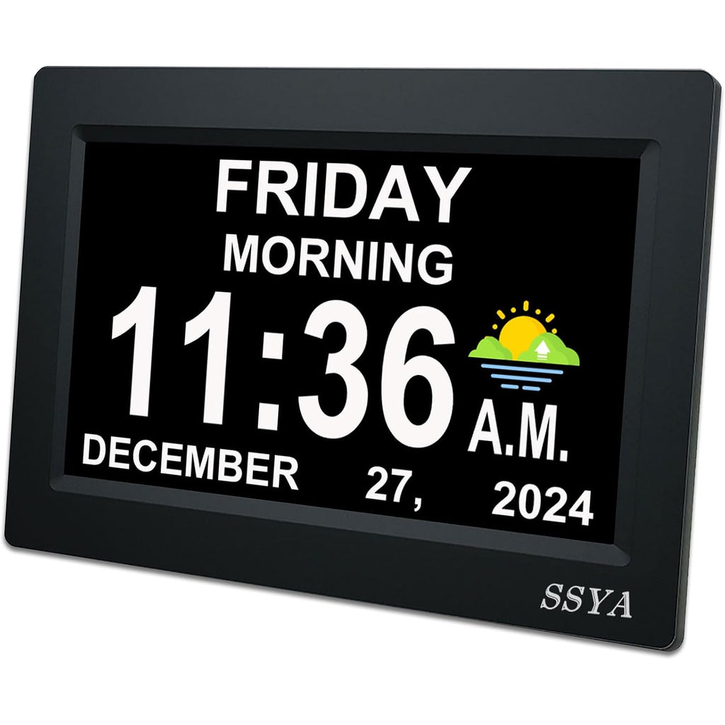 Ssya 7 Inch Calendar Clock - 12 Alarm Options, Level 5 Auto Dimmable Display,Extra Large Impaired Vision Digital Clock With Non-Abbreviated Day & Month (Black)