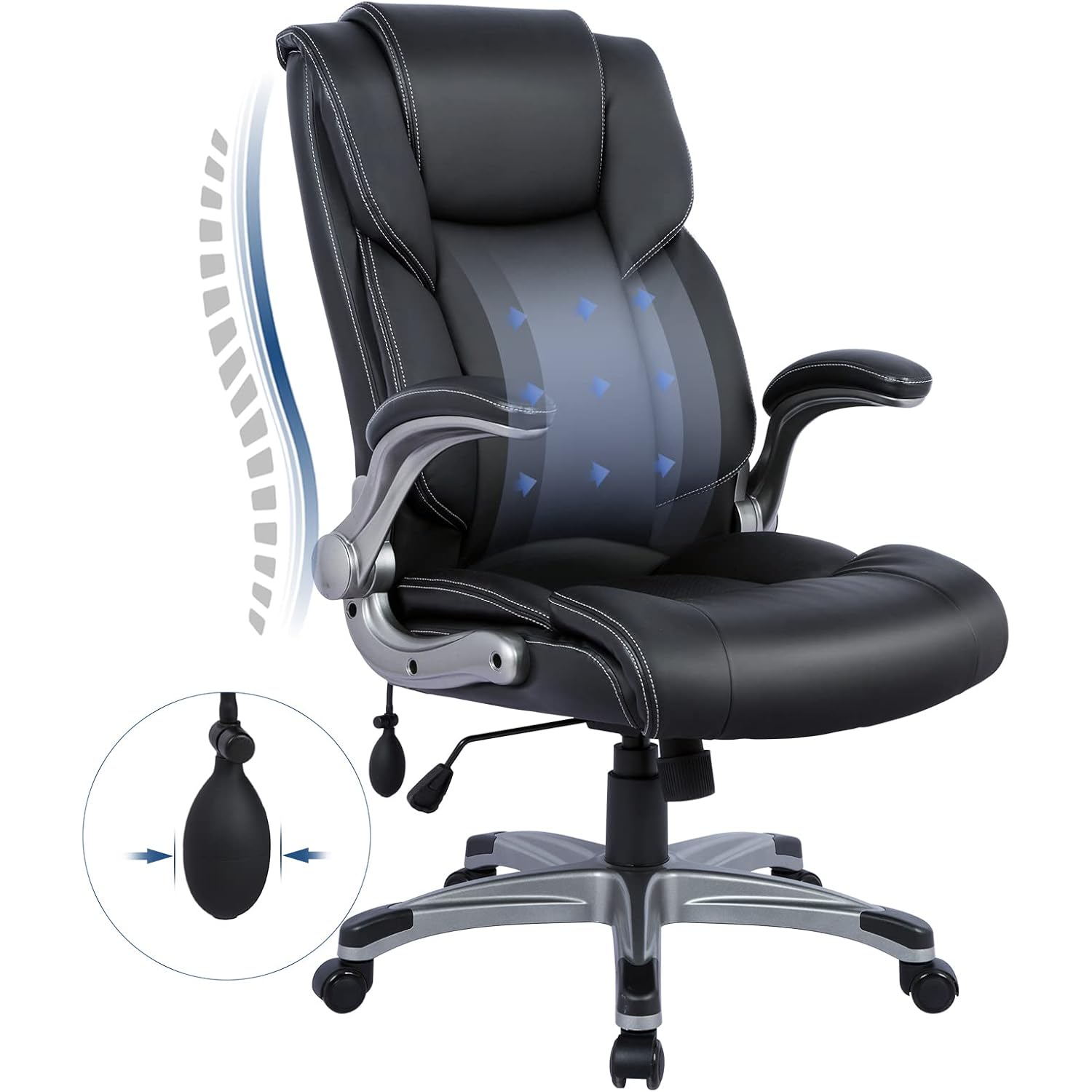 Colamy High Back Executive Office Chair - Padded Leather Ergonomic Computer Desk Chair With Inflatable Lumbar Support & Flip-Up Arms, Adjustable Tilt Lock Swivel Task Chair For Home Office, Black