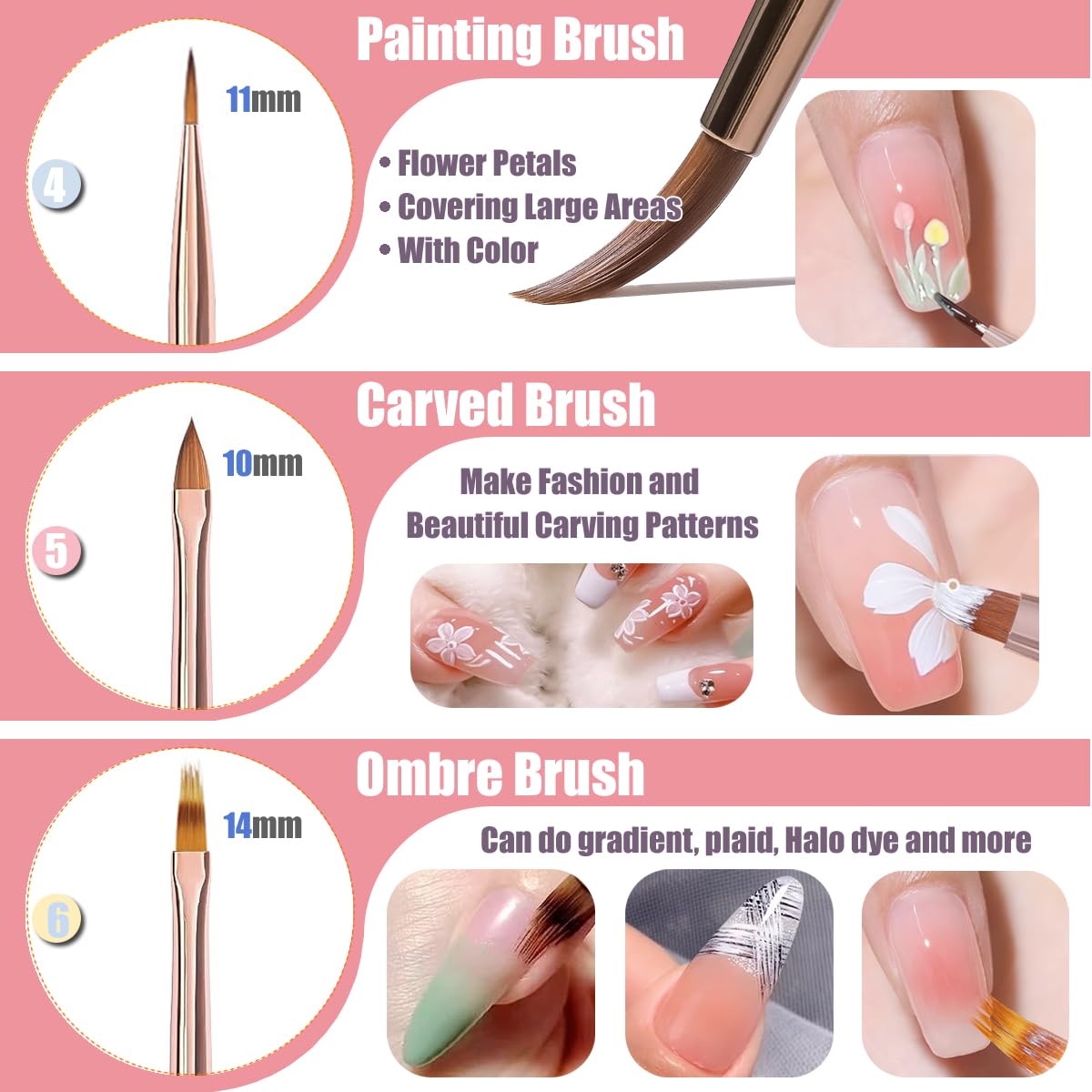 KINGMAS 10 Pcs Nail Art Brushes, Clean Up Painting Brush Drawing Pen, Nail Liner Brush and Nail Dotting Pen