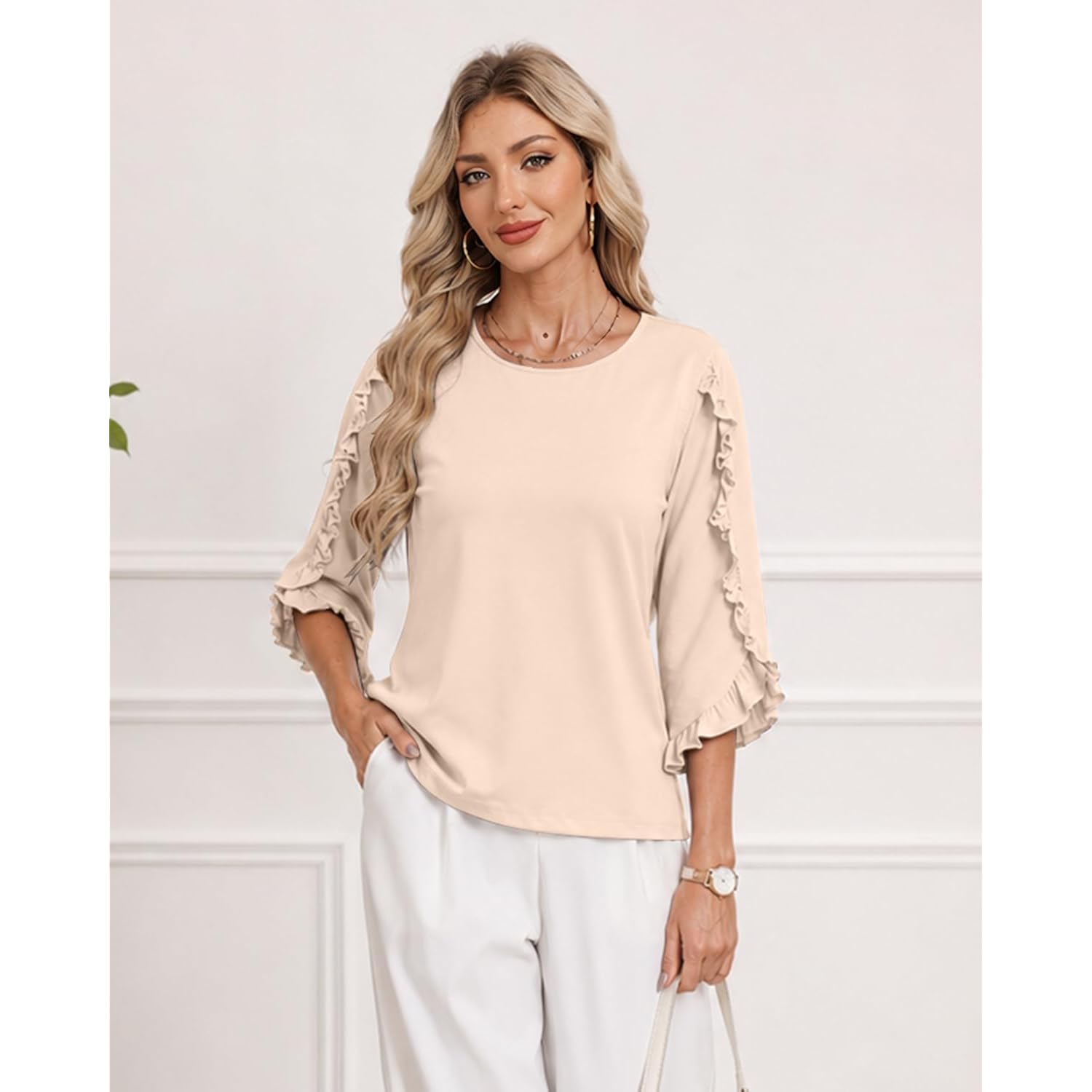 3/4 Length Sleeve Womens Tops Crewneck Ruffle Sleeve Shirts Dressy Casual Blouse Summer Fall Fashion Business Outfit