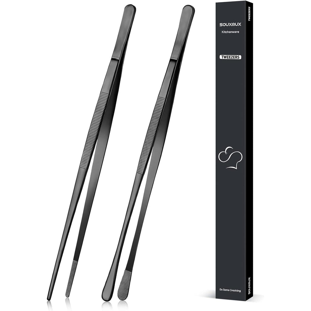 2 Pcs 12-Inch Cooking Tweezers Tongs Precision Serrated Tips, Stainless Steel Professional Chef Tweezer Kitchen Tools For Bbq, Plating And Serving (Black)