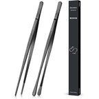 2 Pcs 12-Inch Cooking Tweezers Tongs Precision Serrated Tips, Stainless Steel Professional Chef Tweezer Kitchen Tools For Bbq, Plating And Serving (Black)