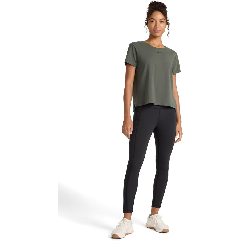 Reebok Women's Embroidery Hit Graphic Crewneck T-Shirt, Standard Fit, Lightweight Stretch Cotton Fabric Grit Green