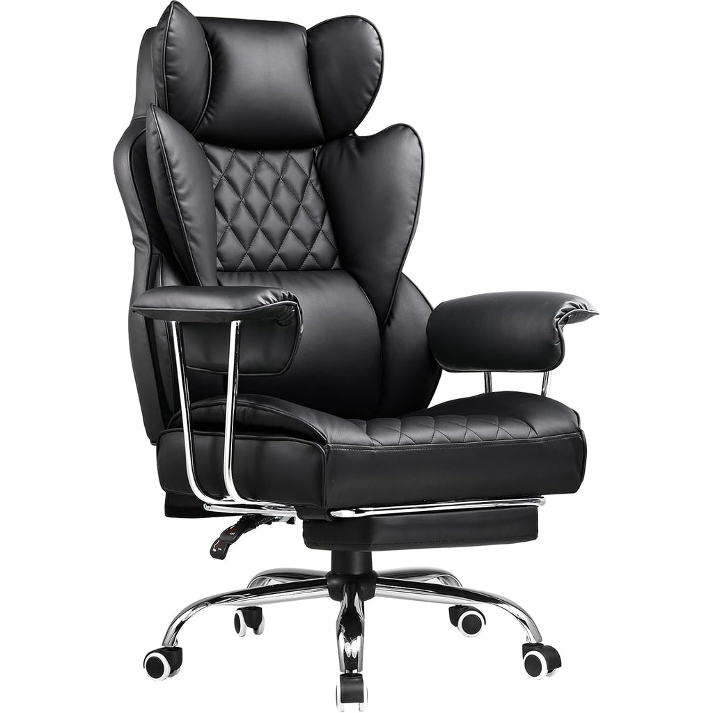 Comhoma Big And Tall Office Chair, High Back Leather Gaming Chair With Footrest, Executive Ergonomic Office Chair With Pocket Spring Lumbar Support And With Outward Fixed Soft Armrests
