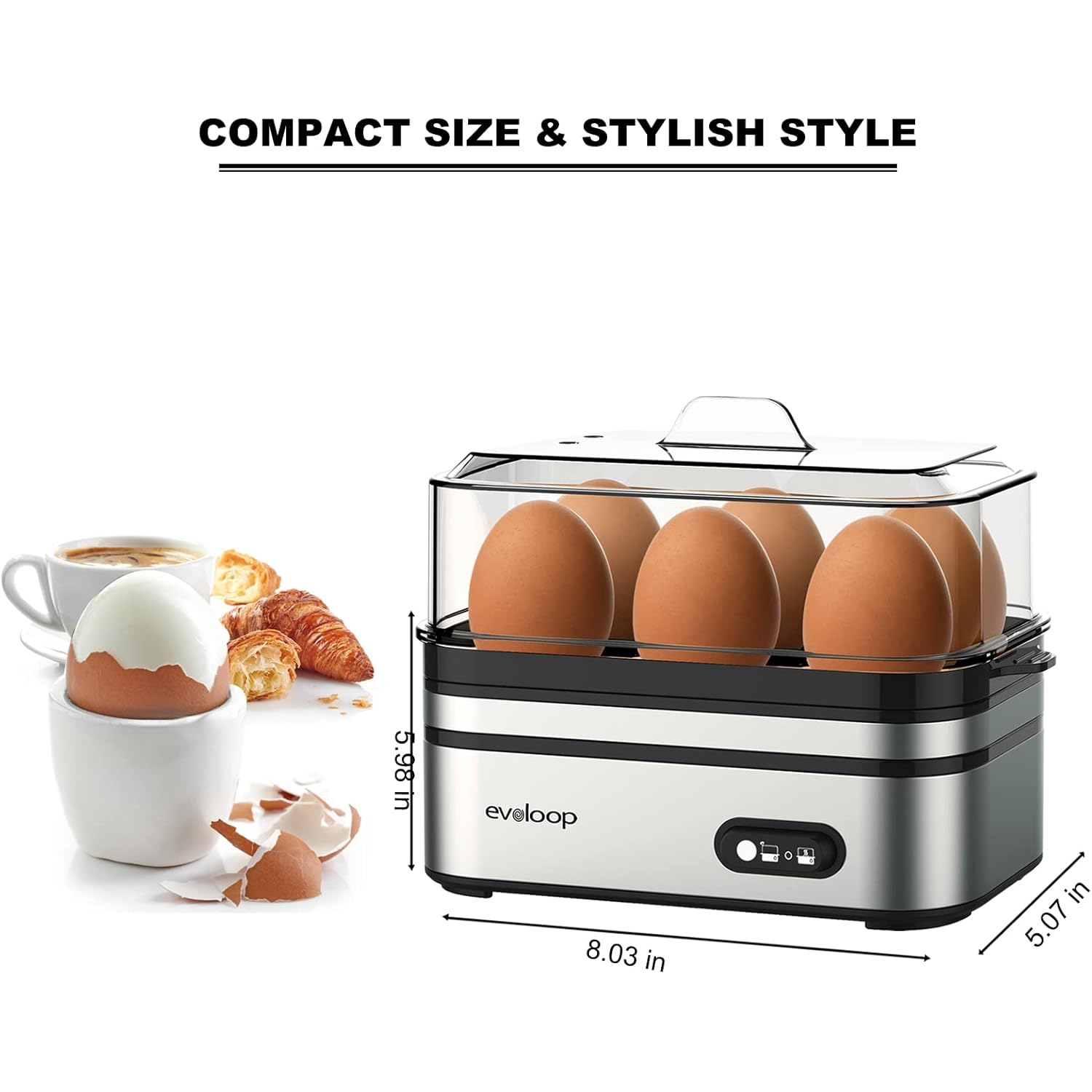 Evoloop Rapid Egg Cooker Electric 6 Eggs Capacity, Soft, Medium, Hard Boiled, Poacher, Omelet Maker Egg Poacher With Auto Shut-Off, BPA Free