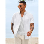 Runcati Mens Linen Button Down Shirts Casual Short Sleeve Shirt Summer Beach Wedding Tops With Pocket