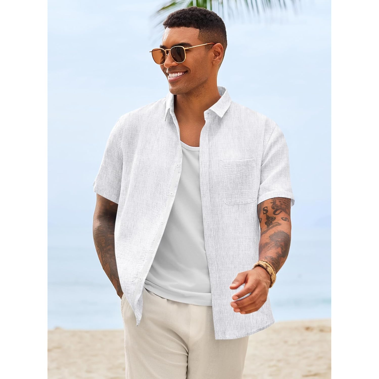 Runcati Mens Linen Button Down Shirts Casual Short Sleeve Shirt Summer Beach Wedding Tops With Pocket