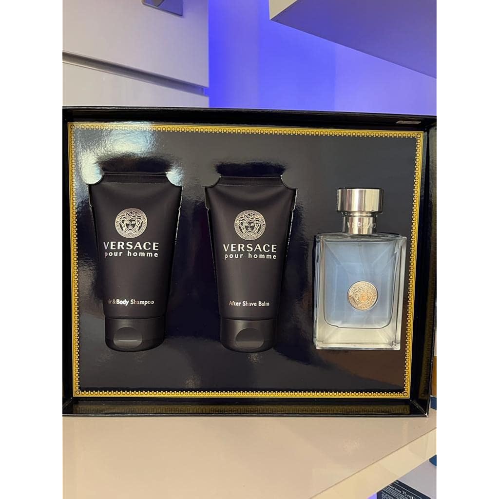 Versace Pour Homme for Men - 3 Pc Gift Set: 1.7oz EDT Spray, Hair and Body Shampoo, After Shave Balm