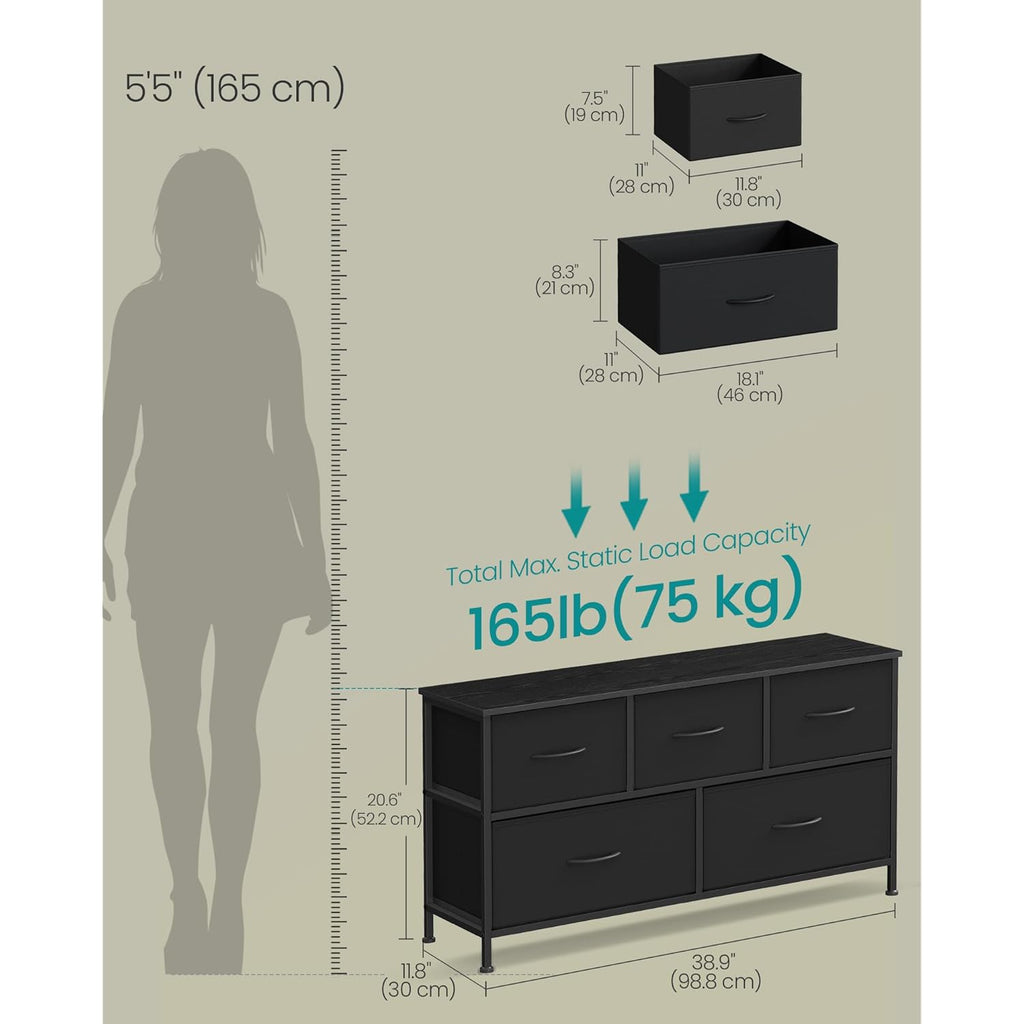 SONGMICS Dresser for Bedroom, Chest of Drawers, Steel, MDF, 5 Non-Woven Fabric Drawers, Storage Organizer Unit, Closet, Entryway, Ink Black and Ebony Black ULGS322B01S