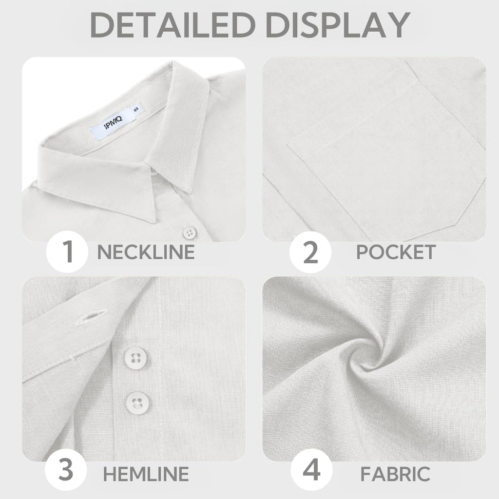 Womens Button Down Shirts Cotton Linen Long Sleeve Dress Shirts Casual Summer Tops Work Blouses with Pockets