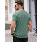 Men'S Henley Shirt Casual Button Short Sleeve T-Shirt Summer Patchwork Color Block Tee Shirts
