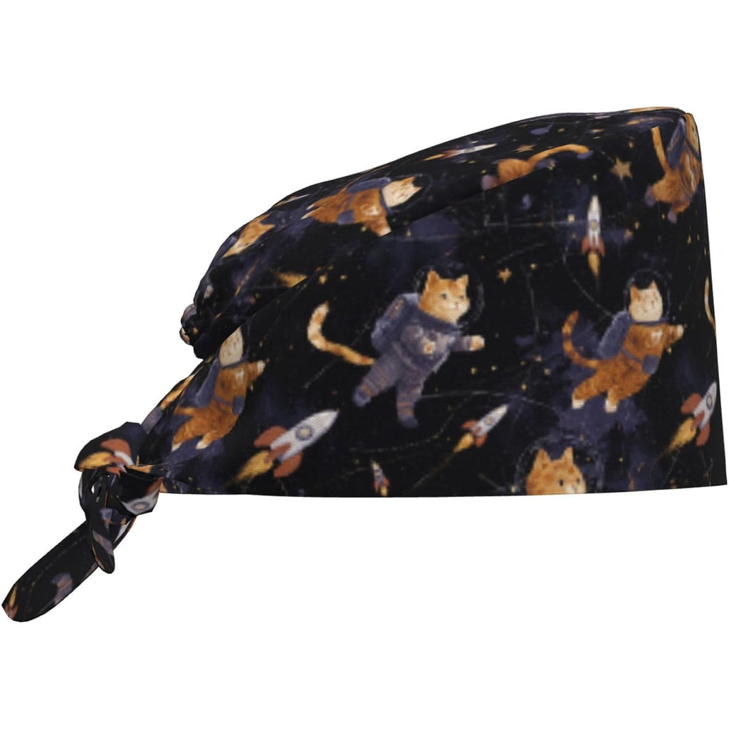 Van Gogh-Style Black Cat Working Cap, Scrub Cap With Sweatband, Adjustable Tie Back Hat Breathable Headgear For Women/Men