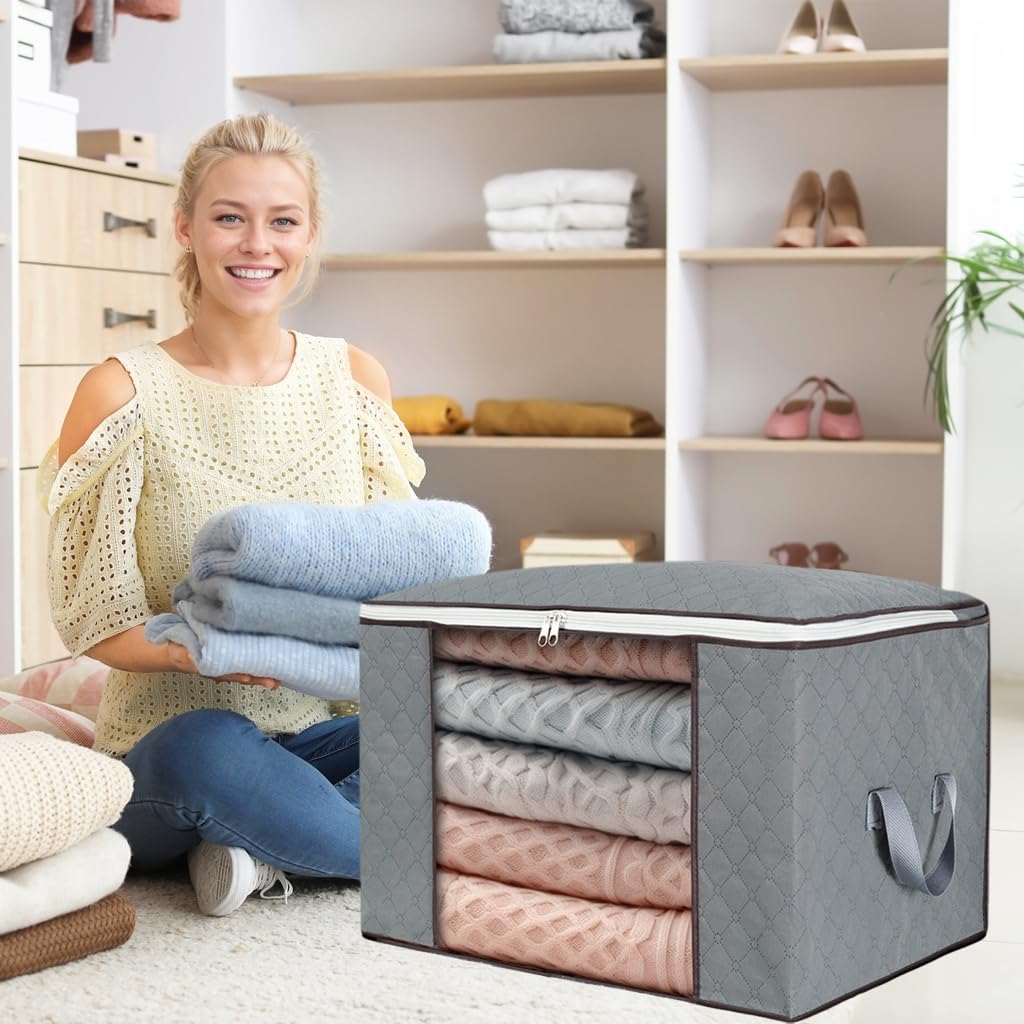 Comforter Storage Bag, Zippered Bag With Large Clear Window And Carry Handles, Space Saver Organizers For Closet, Blanket, Pillow, Quilt, Bedding, Clothes (2Pcs Grey Large)