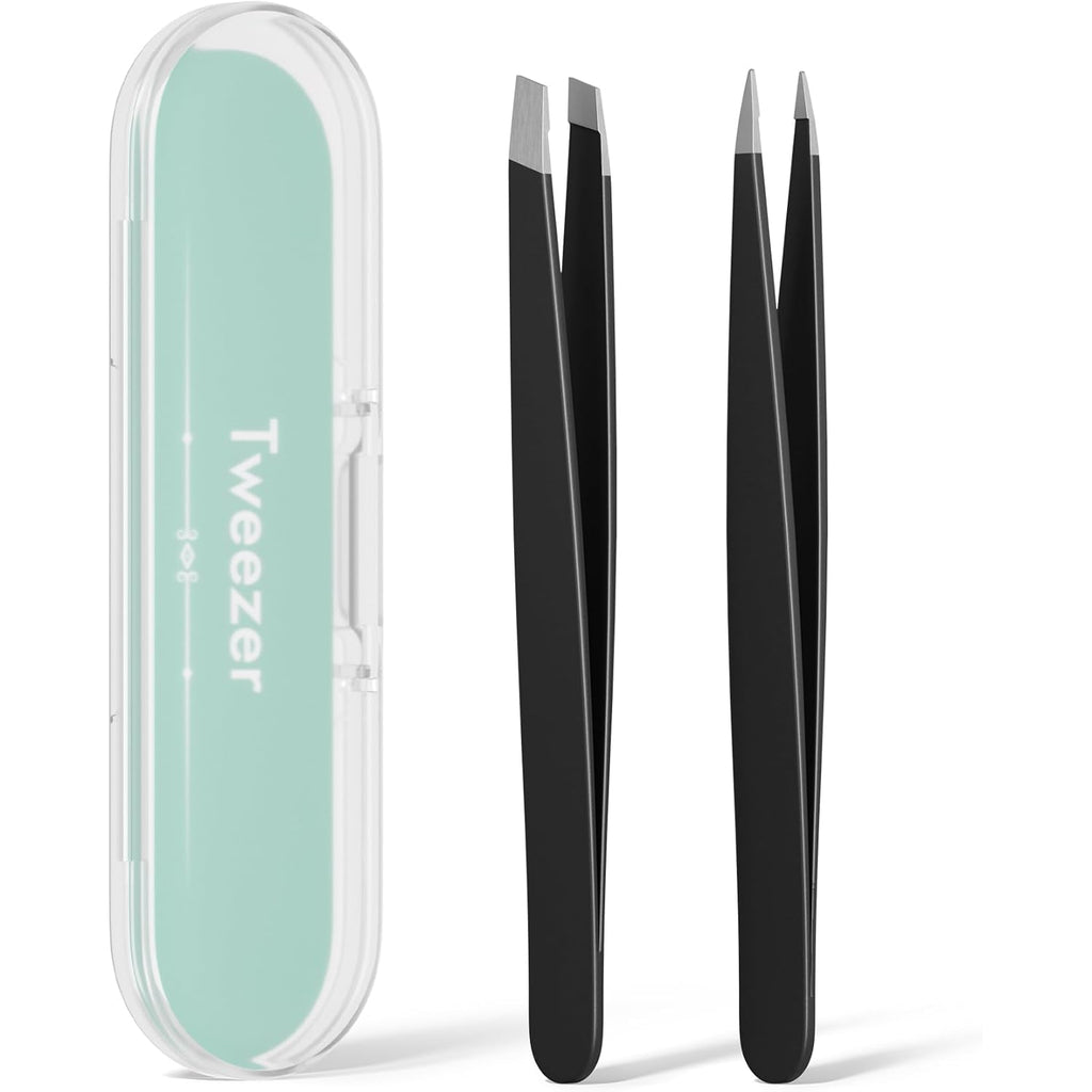 Tweezers for Women Facial Hair, Slant & Point Tip 2 Pack Eyebrow Tweezers for Men, Professional Tweezer Set Stainless Steel Precision Tweezers for Eyebrows, Splinter, Ingrown Hair Removal