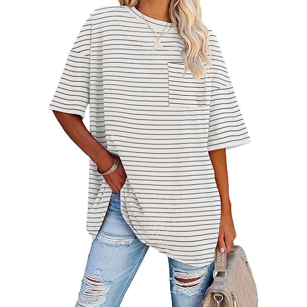 Womens Oversized Tees Loose T Shirts Half Sleeve Crew Neck Color Block Cotton Tunic Tops