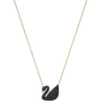 Swarovski Iconic Swan Necklace and Earrings Collection, Rose Gold Tone Finish, Black Crystals