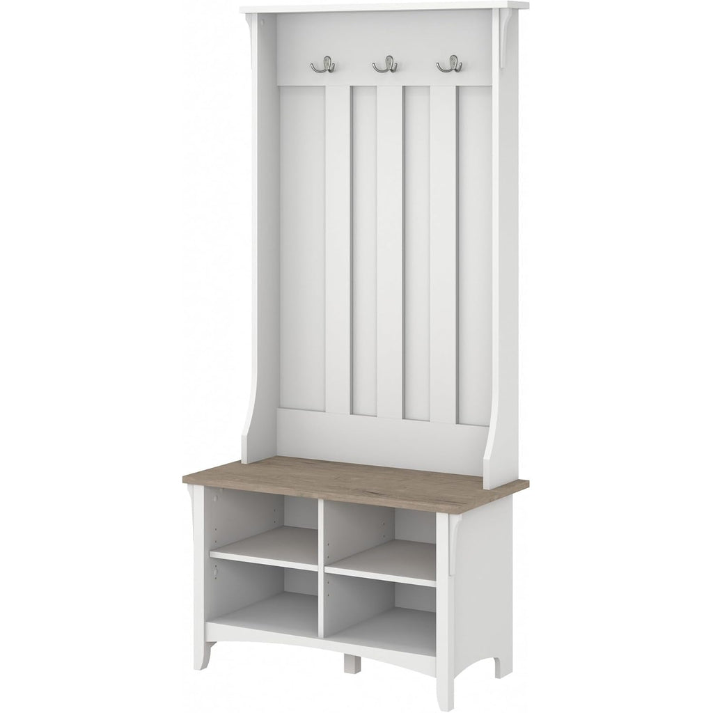 Bush Home Salinas Hall Tree With Shoe Storage Bench In Shiplap Gray And Pure White, Multi-Purpose Home Organizer, Entryway Solution With Seating And Hooks
