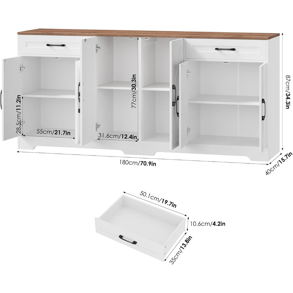 71” Large Sideboard Buffet Cabinet With Storage, Farmhouse Kitchen Buffet Cabinet With Adjustable Shelves And 6 Barn Doors, Wood Coffee Wine Bar Console Table For Kitchen, Dining Room, White