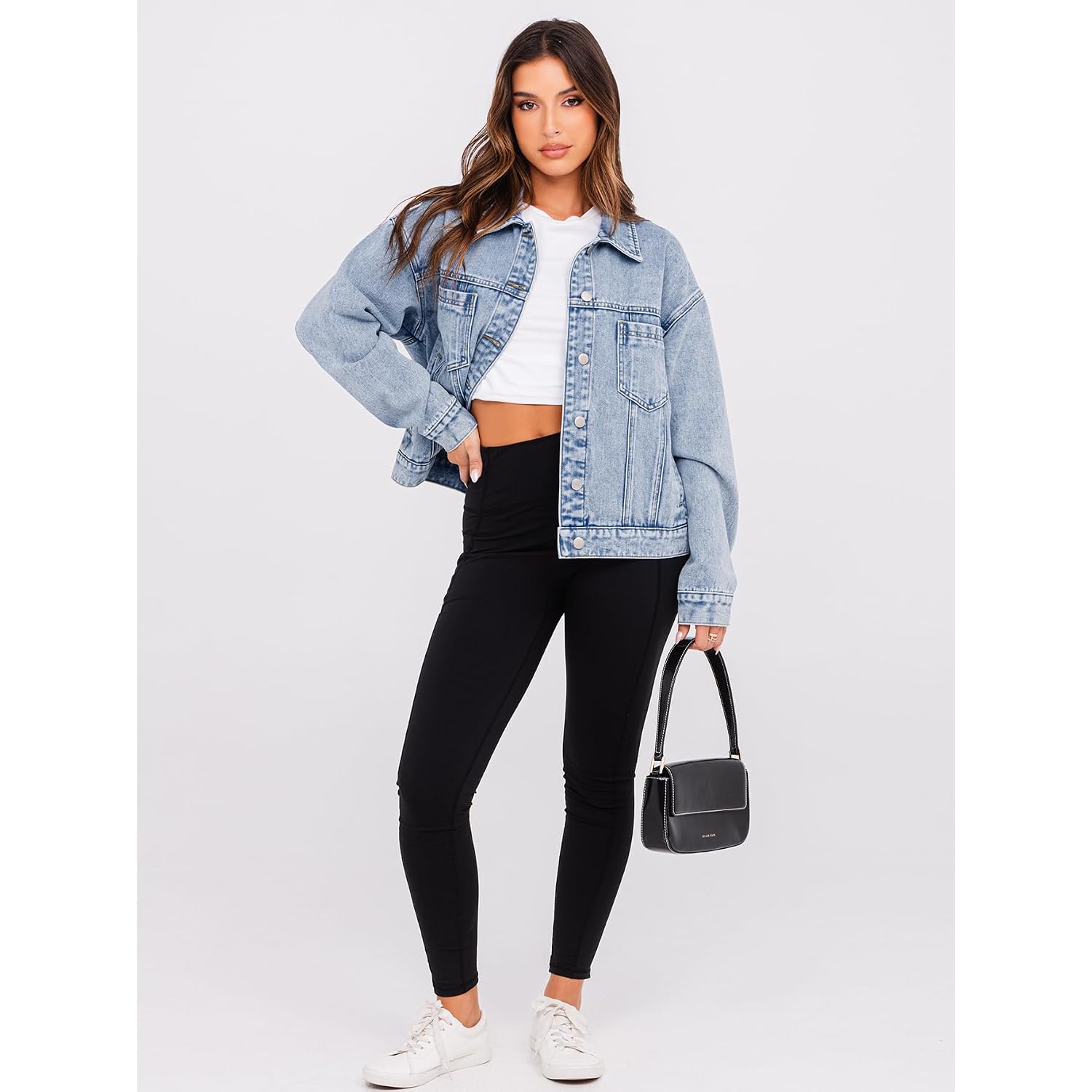 Glamaker Womens Oversized Jean Jacket Casual Long Sleeve Button Down Denim Jacket Fall Coat