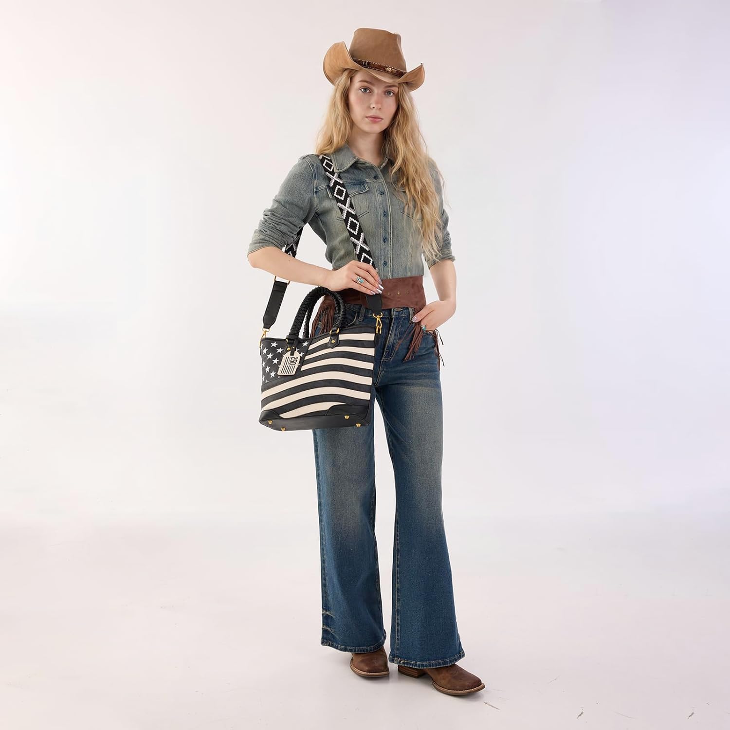 Montana West American Flag Tote Bag for Women Vintage Patriotic Western Shoulder Purse with Braided Top Handles