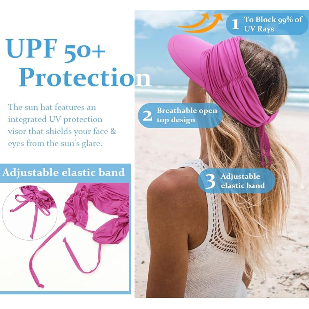 Women Visor Sun Hat Adjustable Foldable Wide Brim Sun Hats Summer UPF 50+ UV Protection Visor Cap for Outdoor Beach Fuschia a