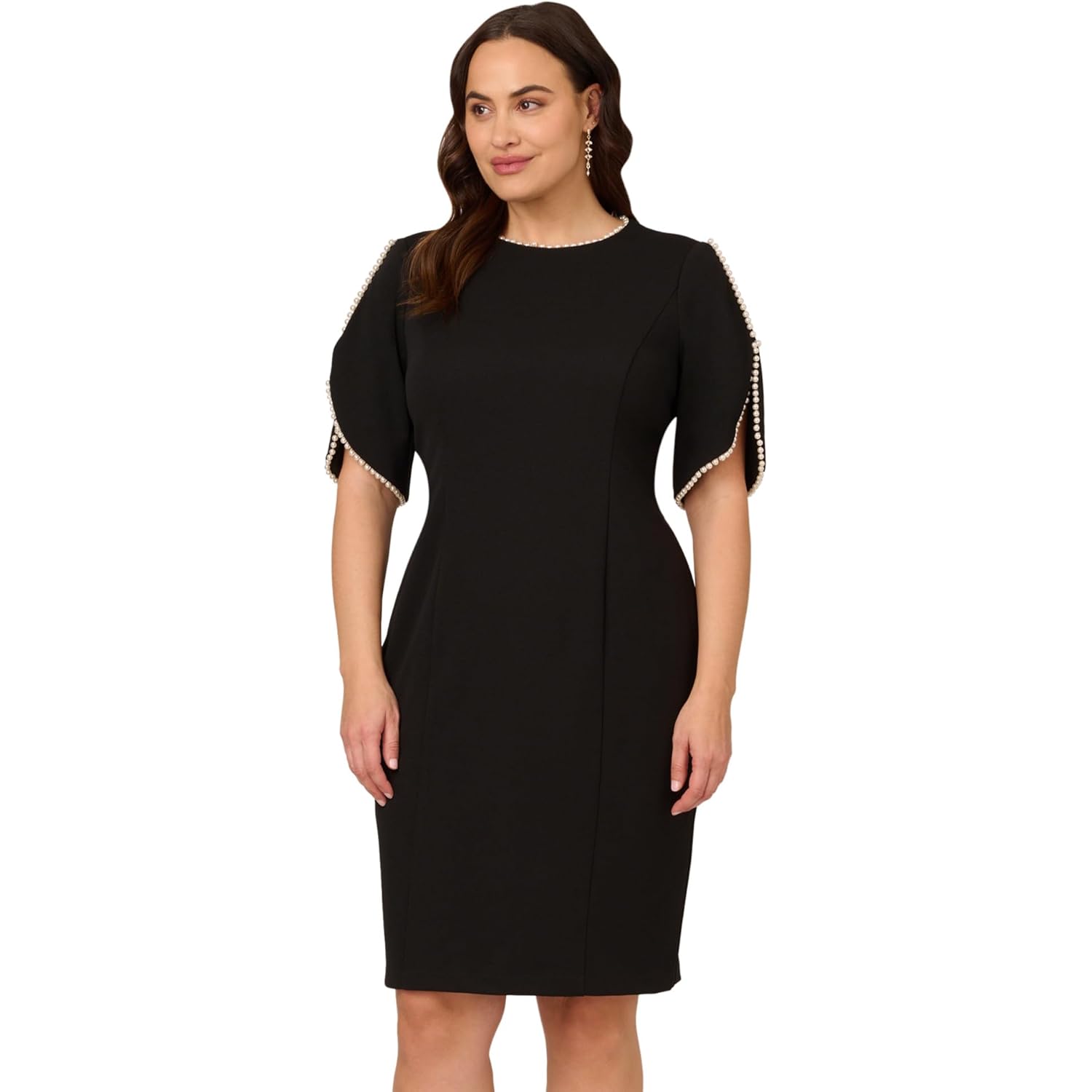 Adrianna Papell Women's Knit Crepe Pearl Midi Dress | Knee Length Cocktail Dress with Pearl Trim & Tailored Fit