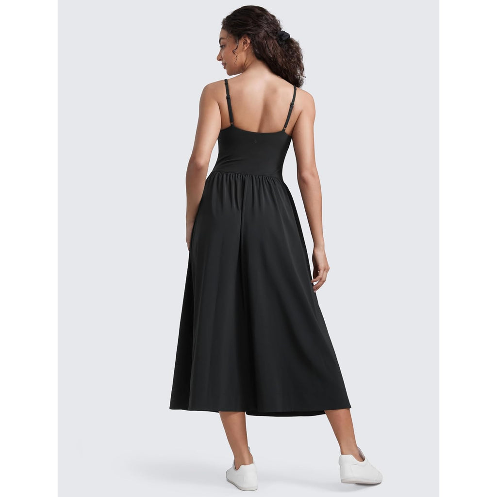 Crz Yoga Square Neck Maxi Dress For Women - Flowy Sleeveless Padded Travel Casual Outfits With Side Pockets