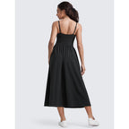 Crz Yoga Square Neck Maxi Dress For Women - Flowy Sleeveless Padded Travel Casual Outfits With Side Pockets