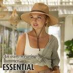 FURTALK Womens Summer Straw Sun Hats Wide Brim Panama Fedora Beach Hat with Wind Lanyard UPF 80+