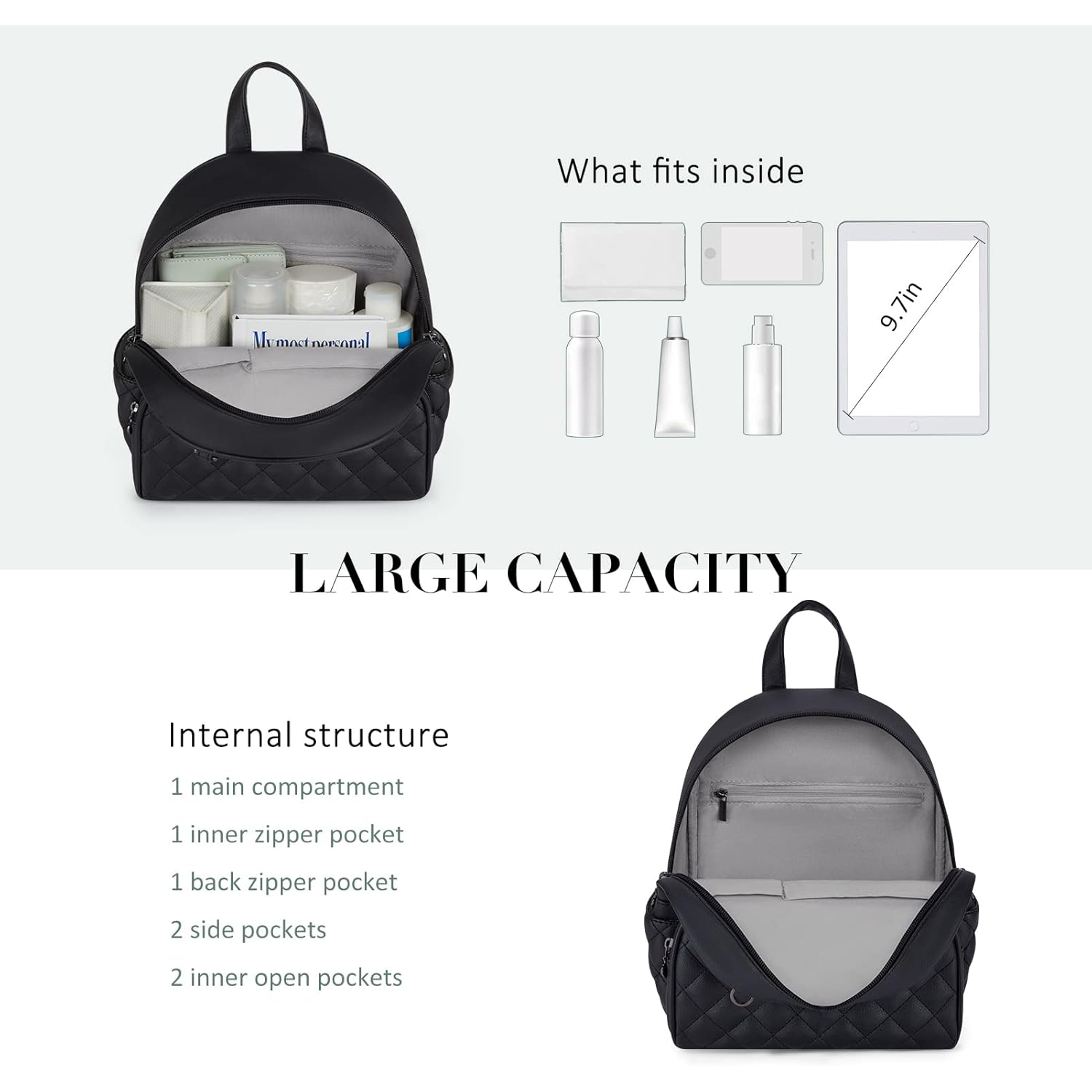 ECOSUSI Mini Backpack for Women Leather Small Backpack Purse for Ladies Cute Pom Bookbag Travel Shoulder Bag with Charm Tassel Black