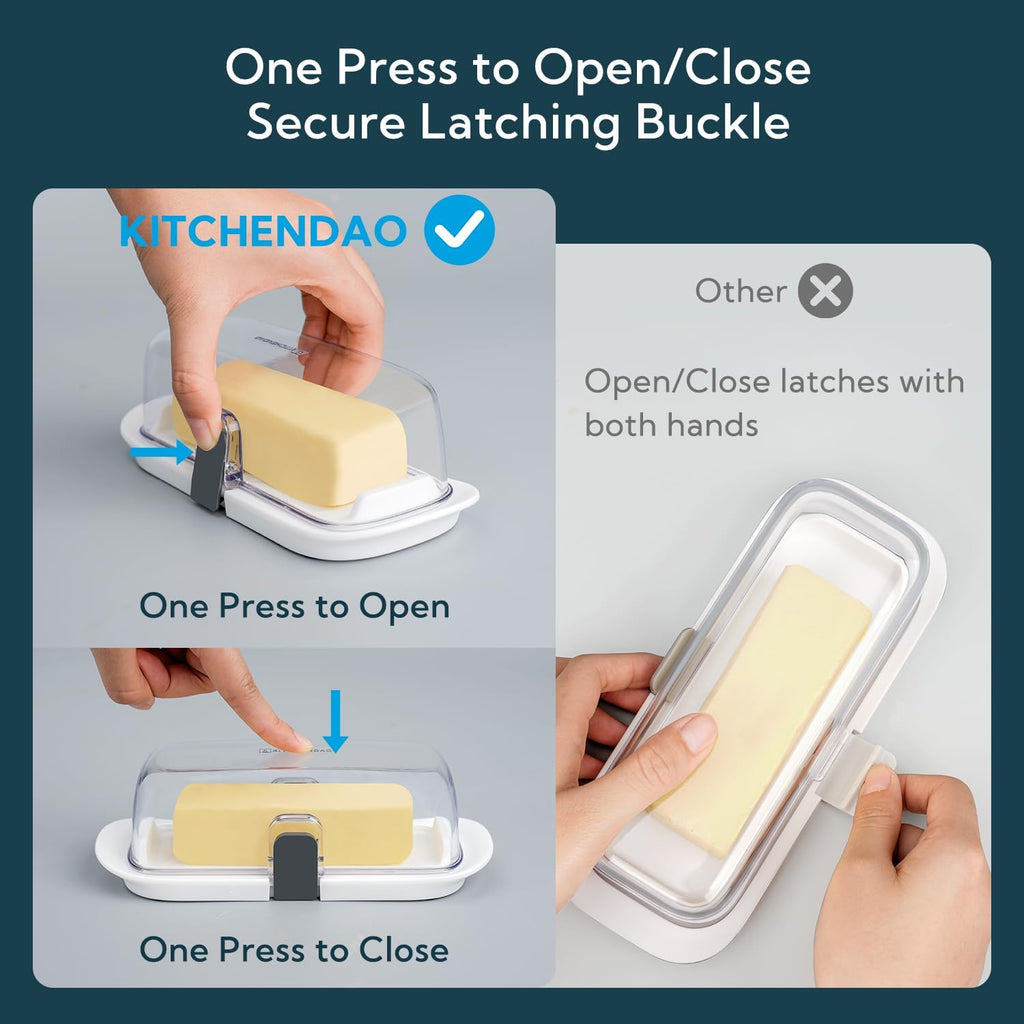 KITCHENDAO One-handed Airtight Butter Dish with Lid for Countertop and Refrigerator Door Shelf, Butter Holder with One Press to Open/Close Secure Latching Buckle for West/East Coast Butter (White)