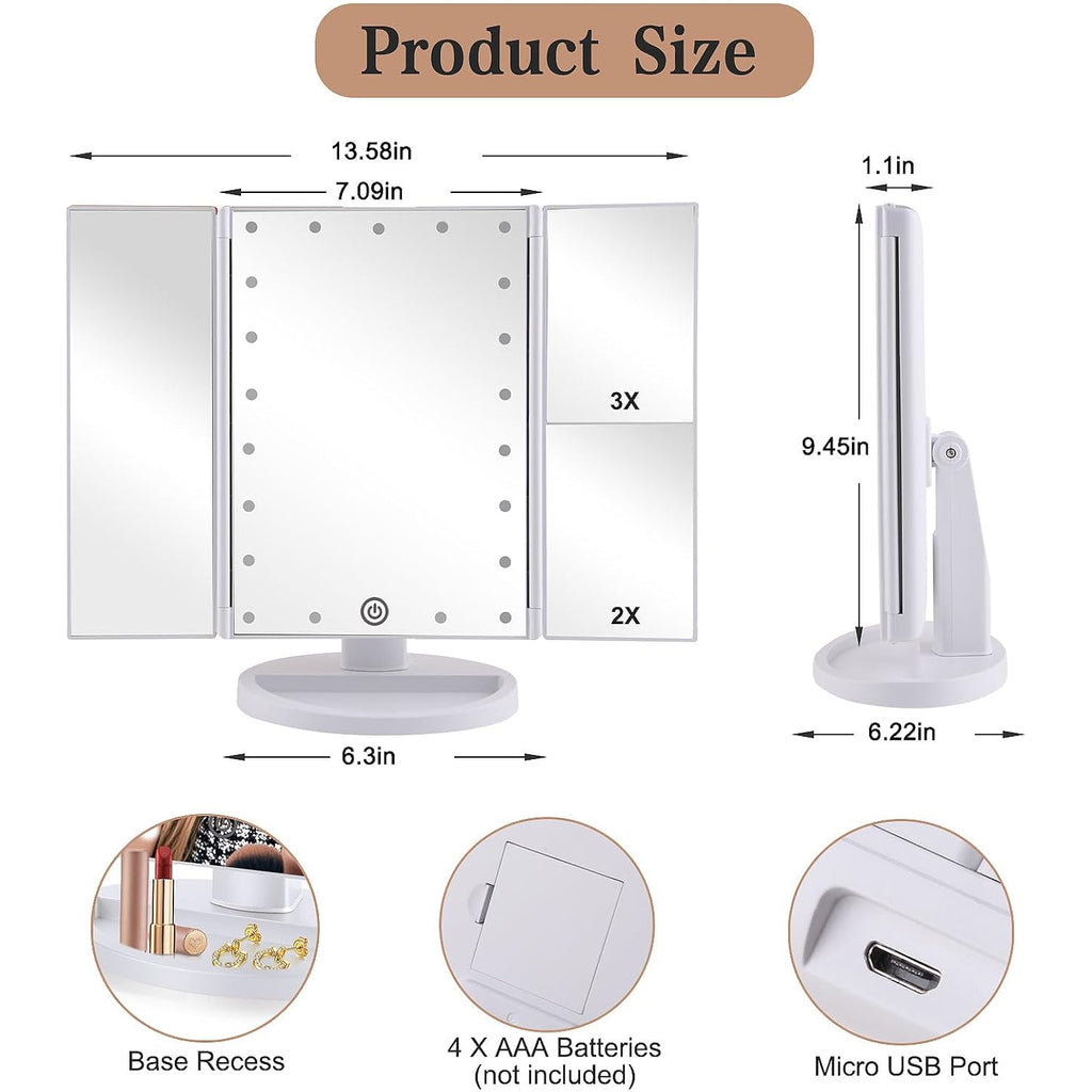 Flymiro Tri-Fold Lighted Vanity Makeup Mirror With 3X/2X Magnification,Light Up Mirror For Makeup,Touch Screen 21 Leds,180° Rotation Countertop Cosmetic Mirror,Gifts For Women Mom Teen Girls