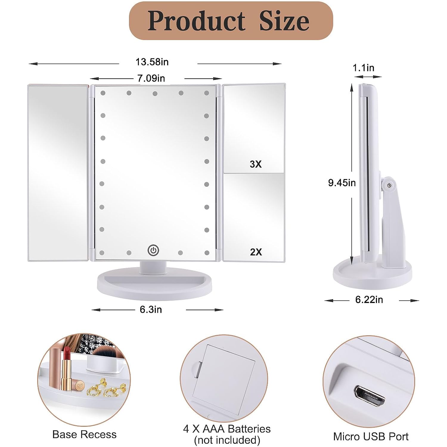 Flymiro Tri-Fold Lighted Vanity Makeup Mirror With 3X/2X Magnification,Light Up Mirror For Makeup,Touch Screen 21 Leds,180° Rotation Countertop Cosmetic Mirror,Gifts For Women Mom Teen Girls
