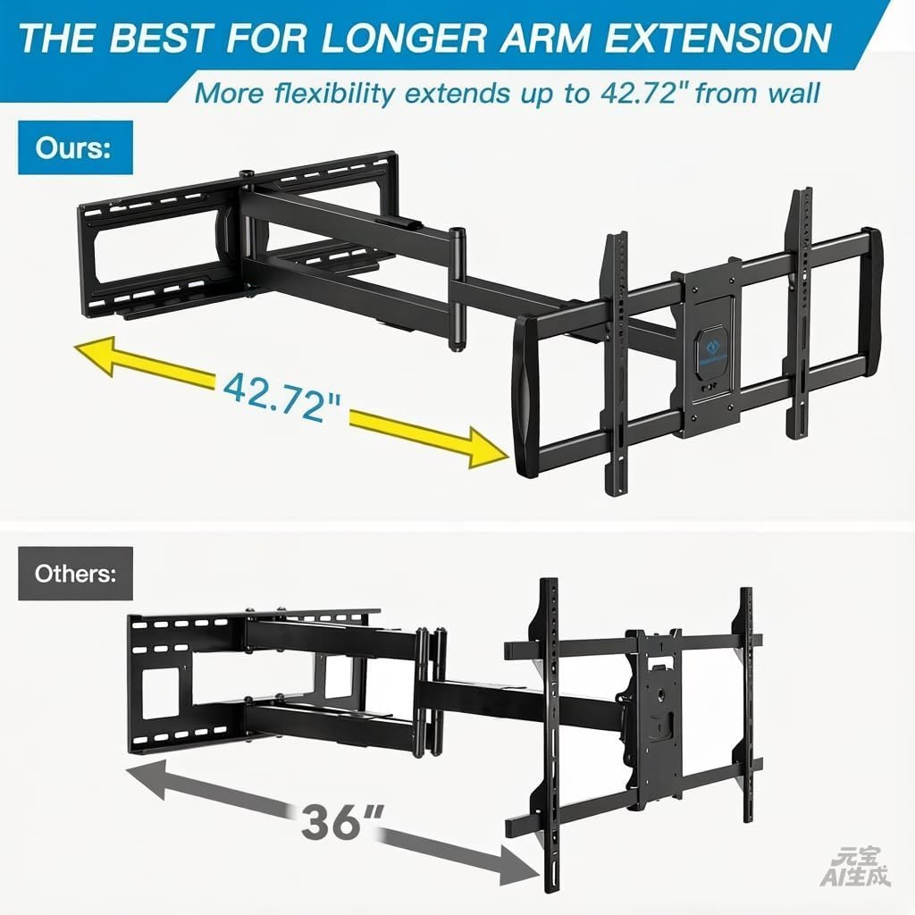 Perlesmith Long Arm Tv Wall Mount For 42-90 Inch Tvs, Full Motion Tv Mount With 42.72 Inch Extension Articulating Arm Swivel And Tilt, Max Vesa 800X400Mm, Holds Up To 150 Lbs, 16”,18”, 24” Studs