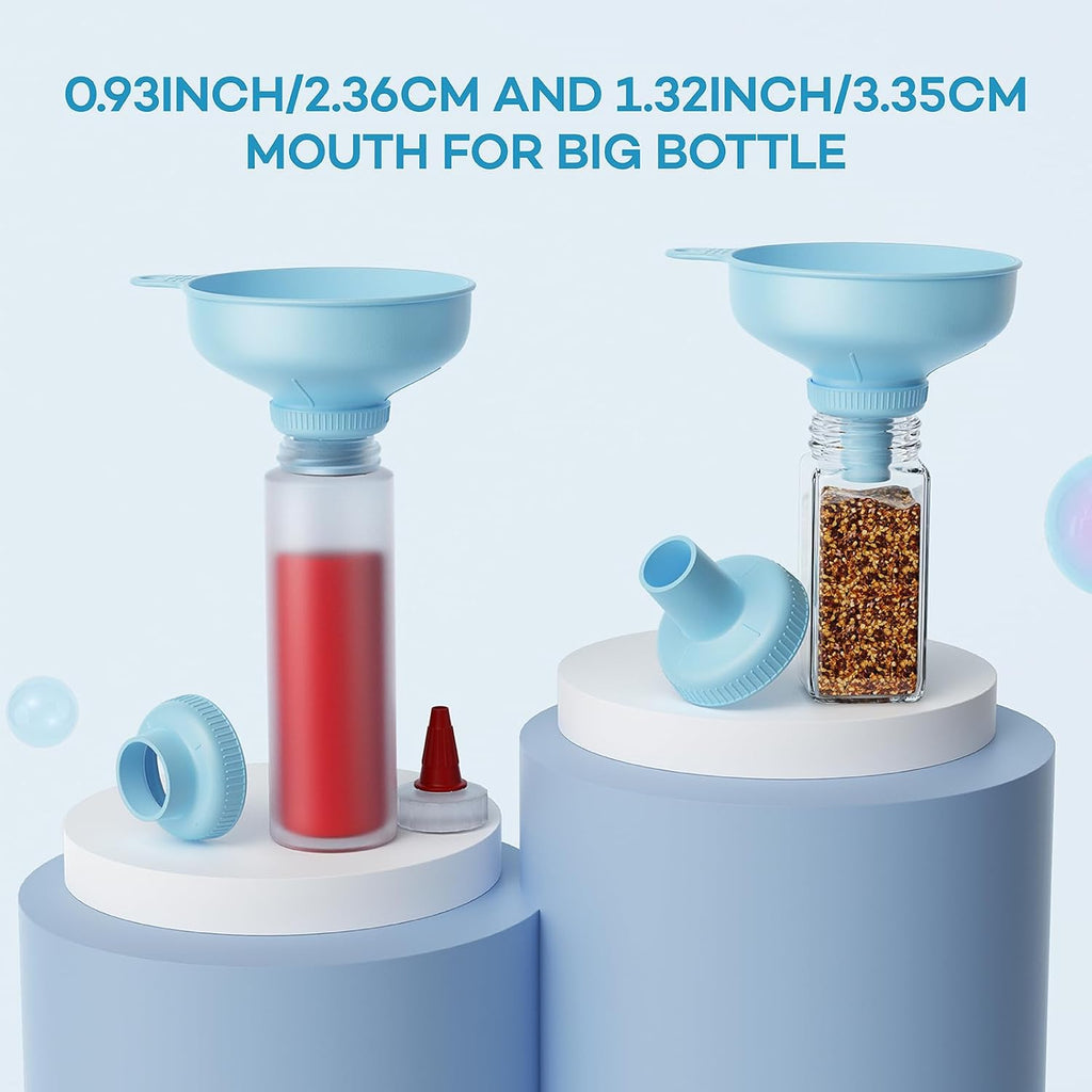 Wide Mouth Versatile Funnel, Canning Funnels For Kitchen Use, Food Grade Plastic Cooking Funnel Set With 4 Size Spouts And 2 Strainers For Filling Different Bottles And Bags, Blue