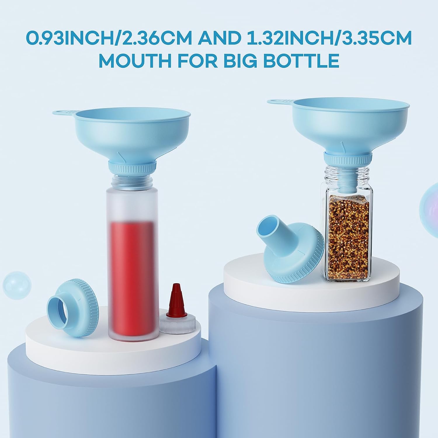 Wide Mouth Versatile Funnel, Canning Funnels For Kitchen Use, Food Grade Plastic Cooking Funnel Set With 4 Size Spouts And 2 Strainers For Filling Different Bottles And Bags, Blue