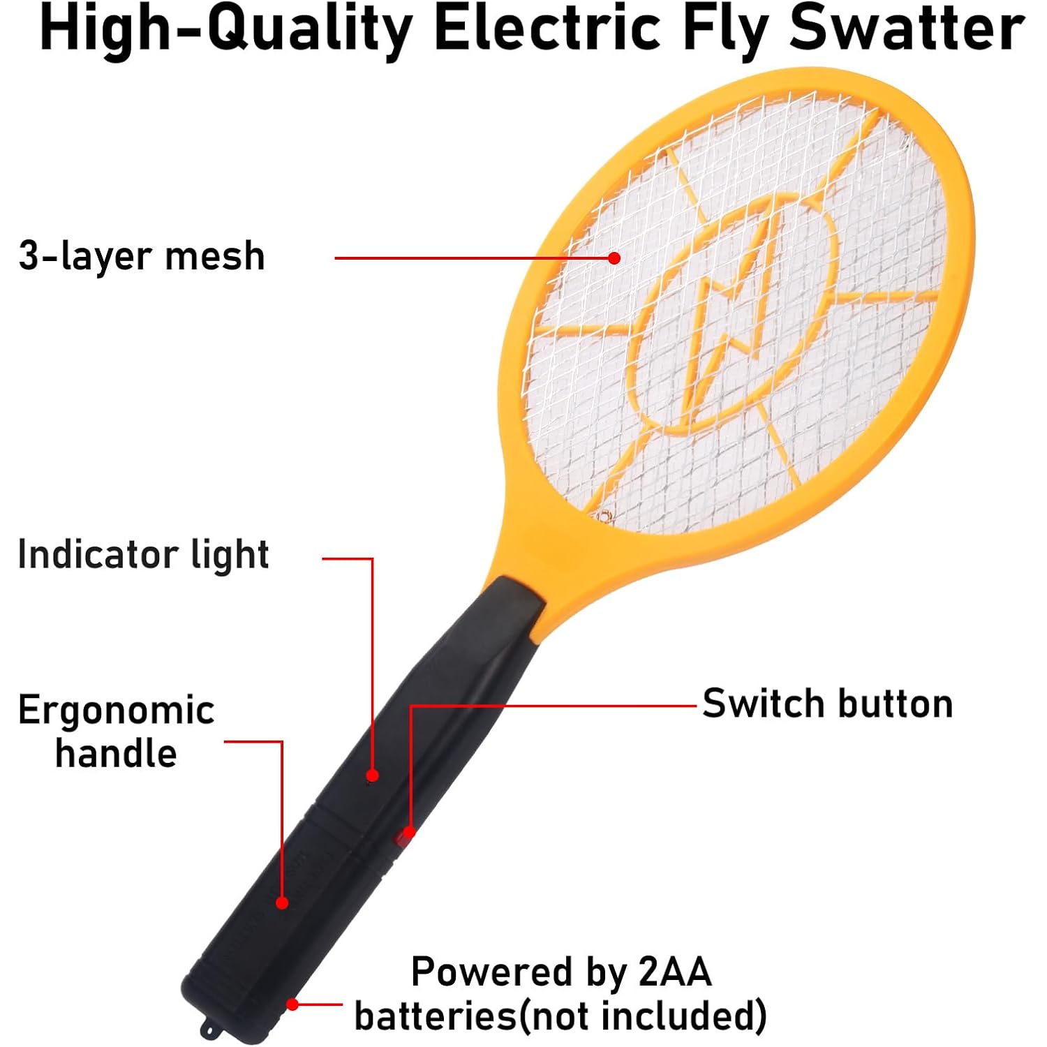Electric Fly Swatter Handheld Bug Zapper - Indoor Outdoor Zapping Racket For Pest Mosquito & Flies - Battery Powered Safe To Touch With 3-Layer Safety Mesh, Standard Size, Pack Of 2
