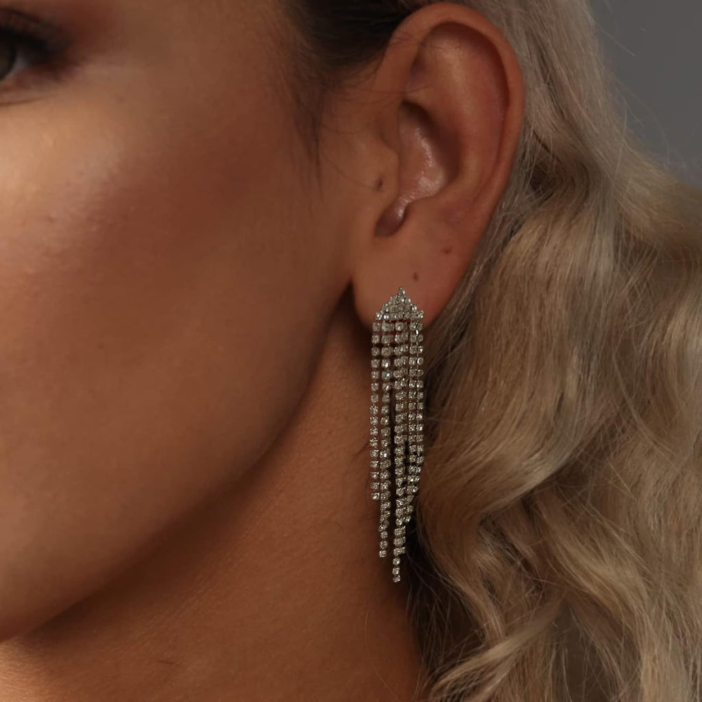 Luxval Rhinestone Earrings Dangling for Women Sparkly Silver Dangle Earrings Girls Long Chandelier Earrings Tassel Lightweight Ear Studs Cubic Zirconia Crystal Statement