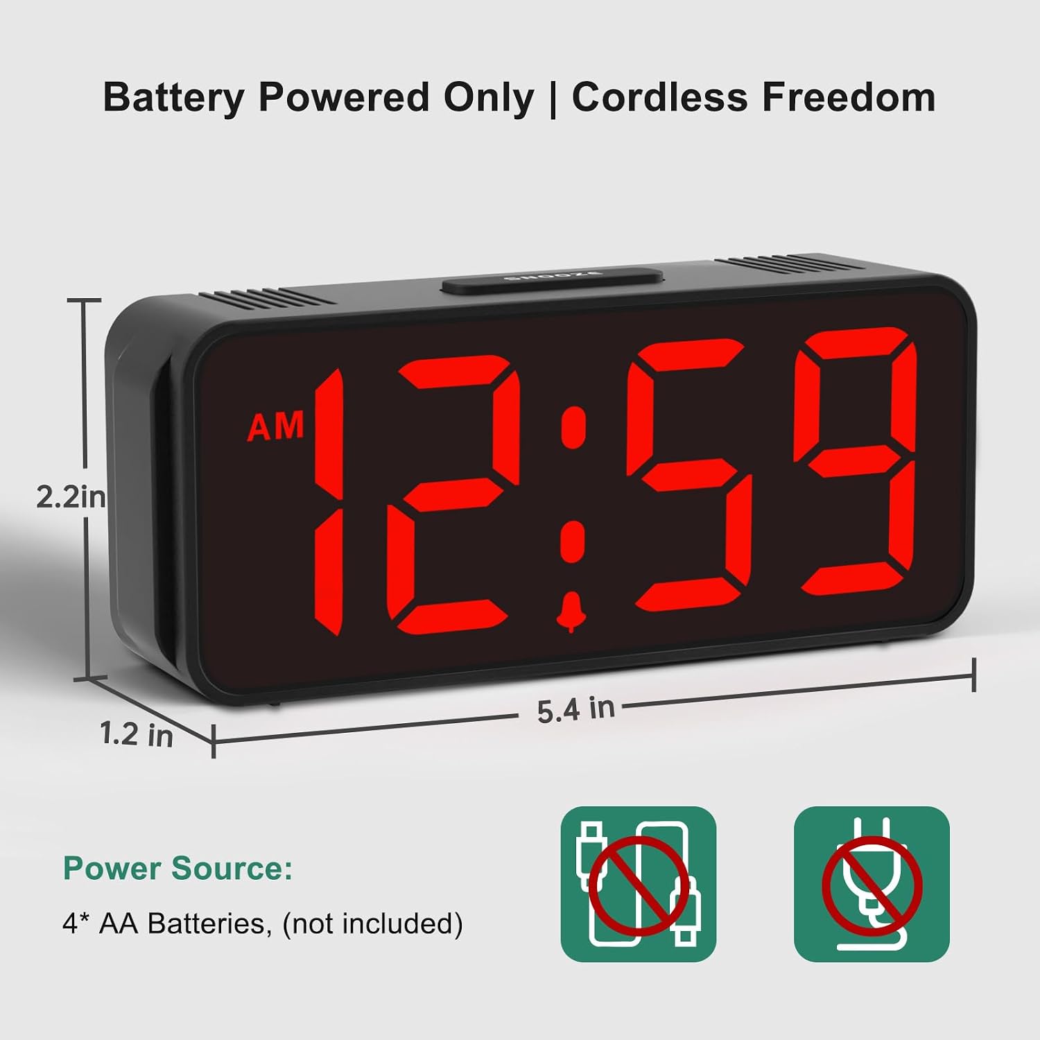 Peakeep Small Battery Powered Digital Alarm Clock | Cordless Home Travel Portable, 1.65" Large Numbers Auto Brightness, Led Display 4 Dimmers, 5 Volumes