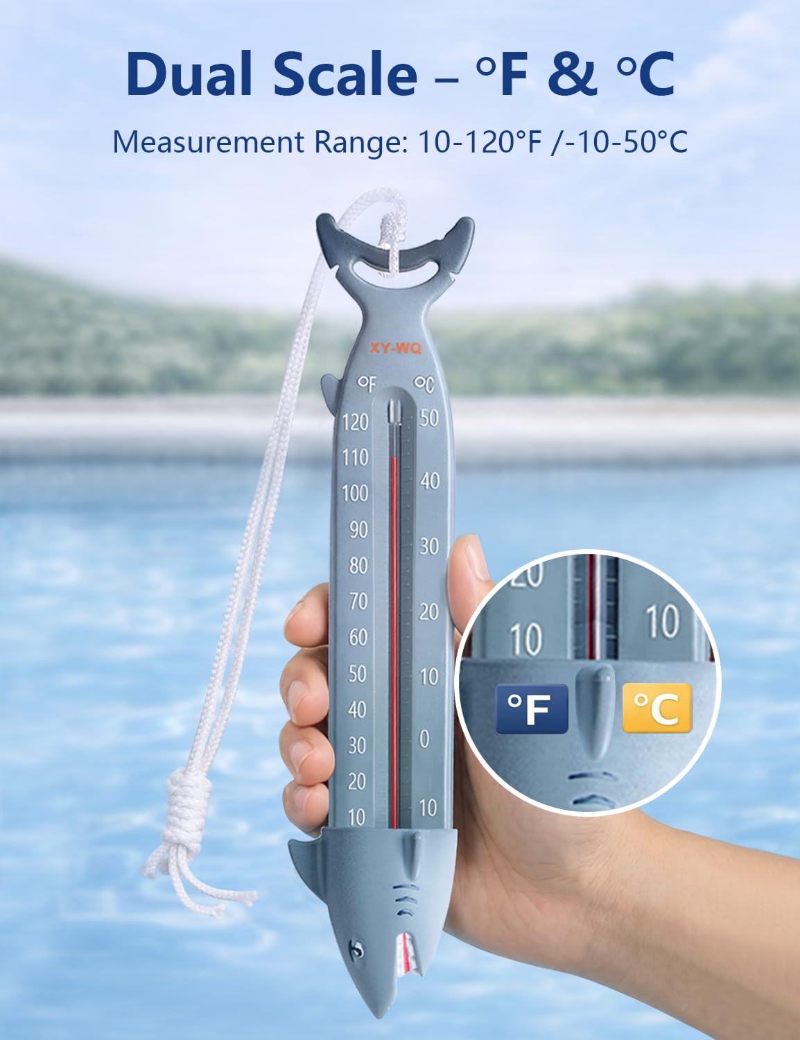 Xy-Wq 10" Large Shark Pool Thermometer – Jumbo Easy-Read Pool Water Thermometer With Fully Sinking Design For Accurate Readings, Tether Included For Swimming Pool, Spa, Hot Tub & Pond