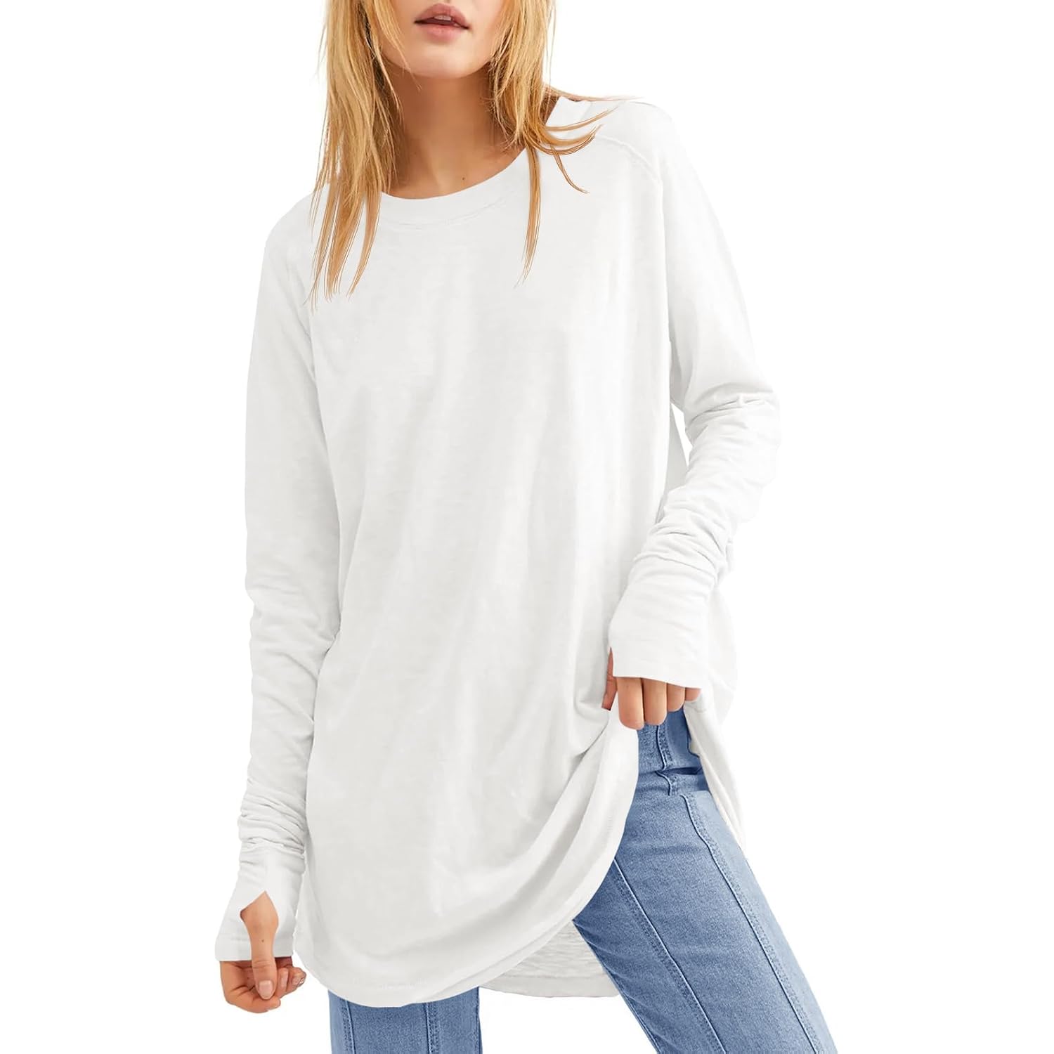 Fisoew Women's Casual Long Sleeve Tops Crew Neck Round Hem Loose T-Shirts Tunic Tops with Thumb Holes