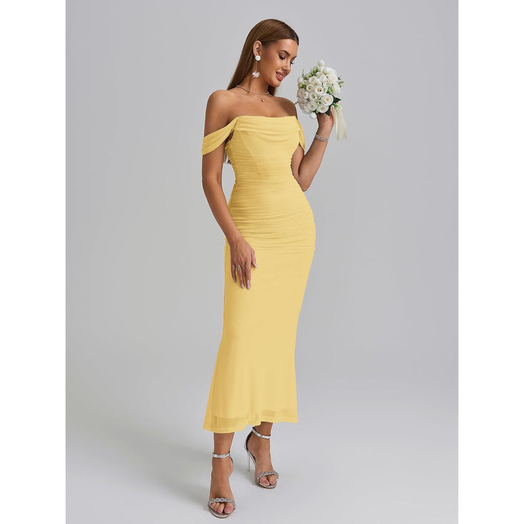 Kutumai Off The Shoulder Maxi Long Dress Corset Ruched Bodycon Cocktail Formal Wedding Guest Dresses For Women