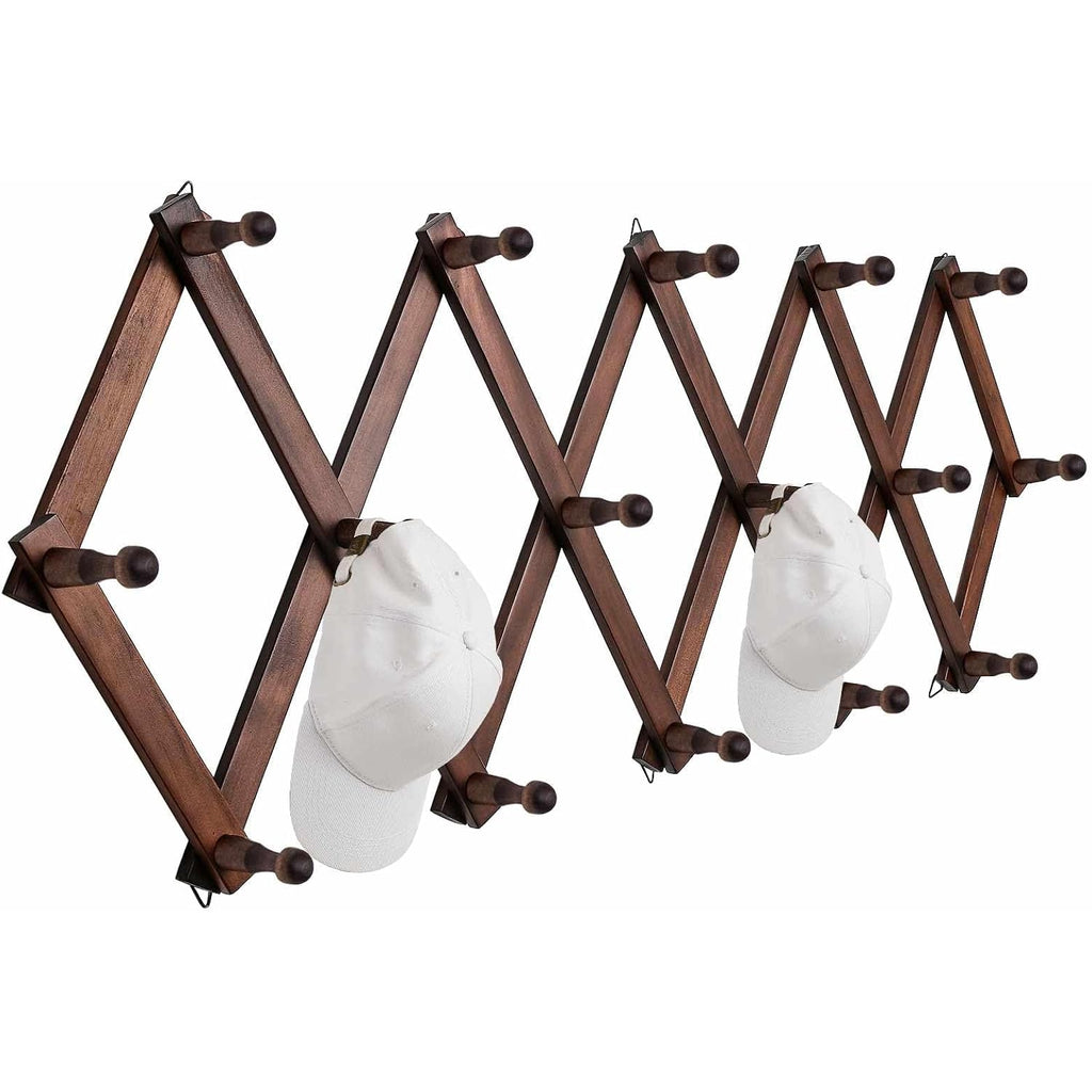 Hat Rack For Wall, Expandable Wall Hat Holder With 16 Hooks, 16 Inch Wooden Wall Hook For Baseball Caps,Cowboy, Bag,Hoodie(Brown)