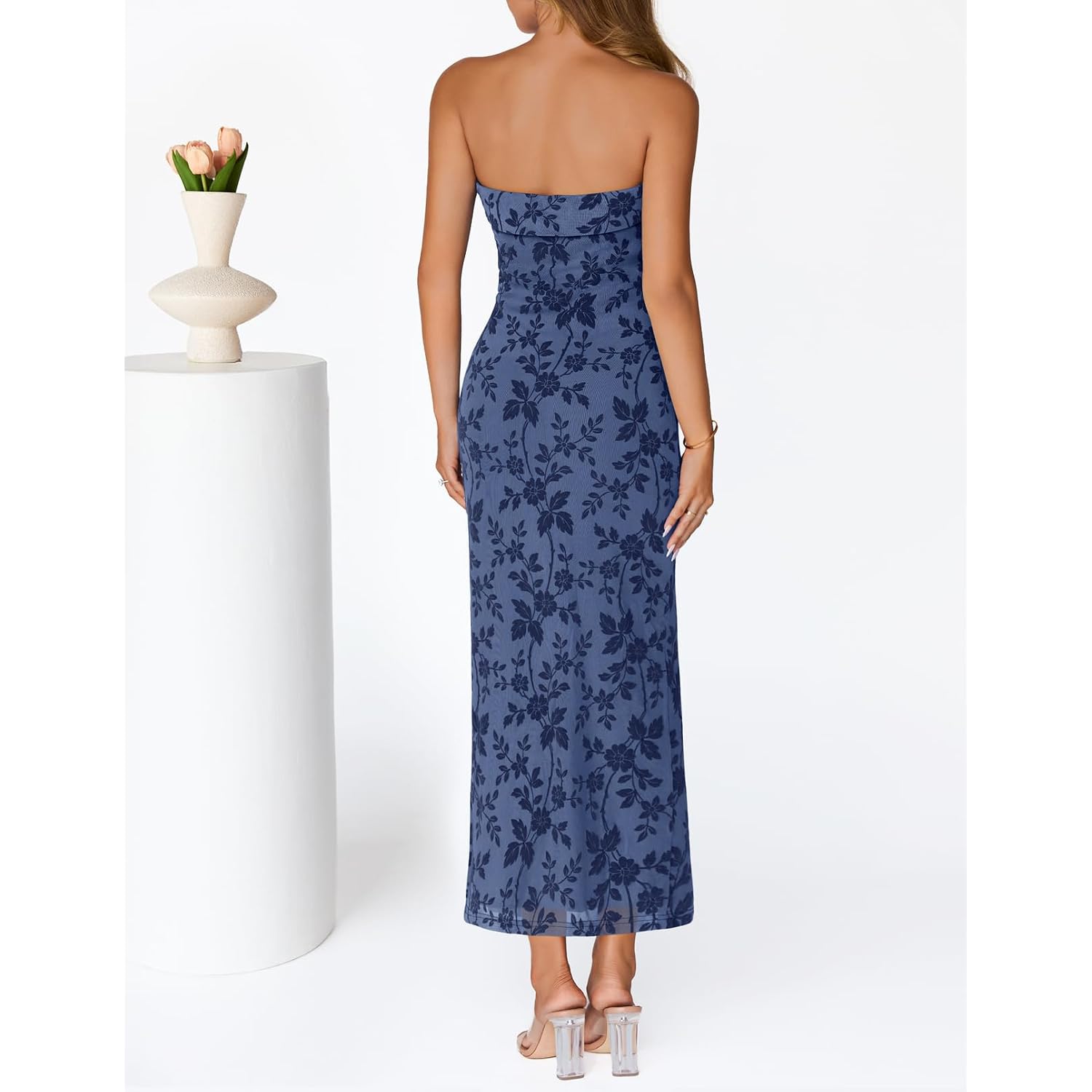 Merokeety Women'S 2026 Summer Wedding Guest Dresses Formal Strapless Bodycon Floral Tube Mesh Cocktail Party Maxi Dress