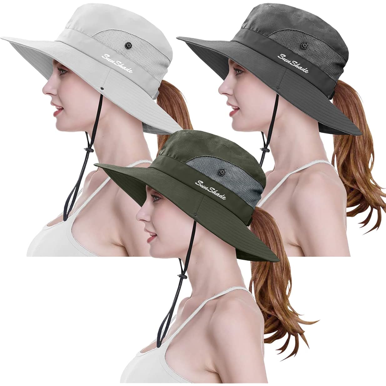 3 Pieces Womens Ponytail Wide Brim Sun Hat Packable UV Protection Beach Cap for Fishing & Hiking Gray＆army Green＆beige