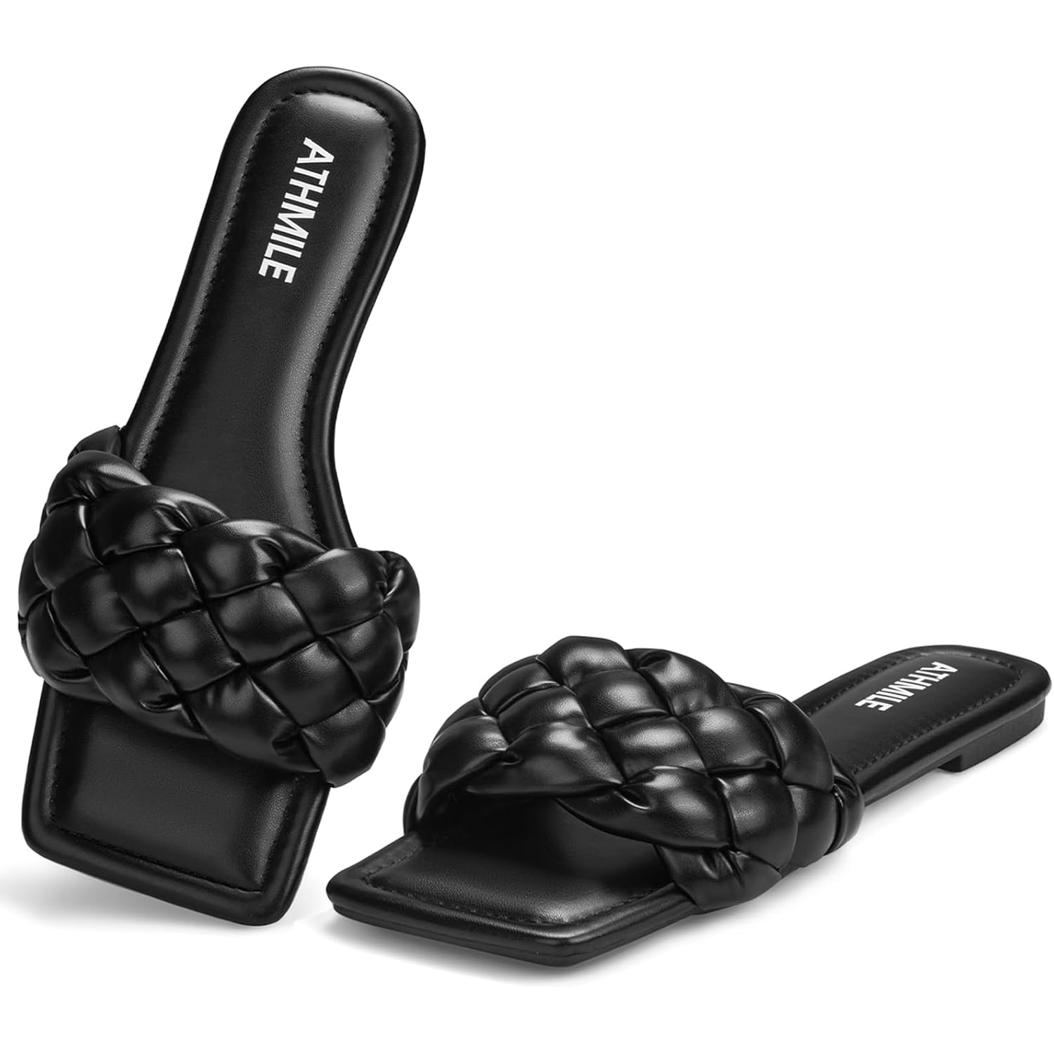 Athmile Braided Womens Sandals 2026 Square Open Toe Fashion Slide Sandals Women Dressy Summer Flat Beach Size 6-11